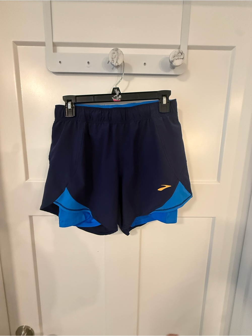 Brooks Navy & Bright Blue Running Shorts with Yellow Logo size small